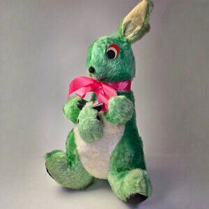 Vintage Green Kangaroo Plush with Joey 16" Pink Bow Retro Stuffed Animal Toy MCM